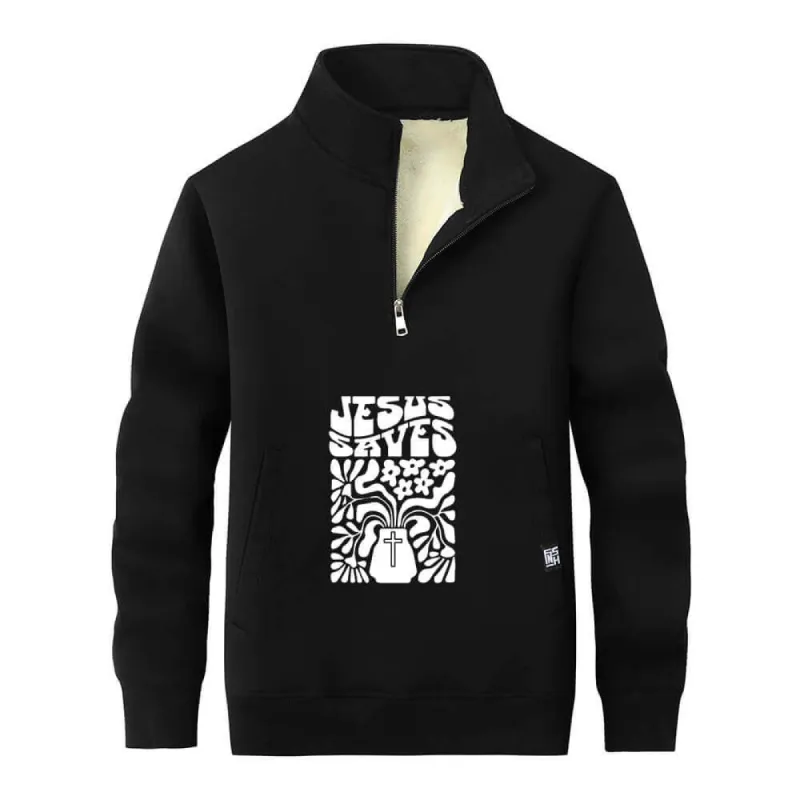 Jesus Saves Floral Cross Stand Collar Zip Fleece Sherpa Sweatshirt sold by GTHIC
