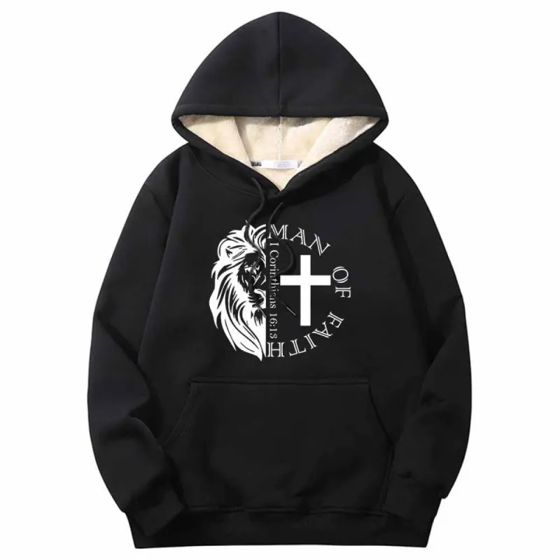 Man Of Faith Lion Cross Crew Collar Fleece Sherpa Hoodie sold by GTHIC