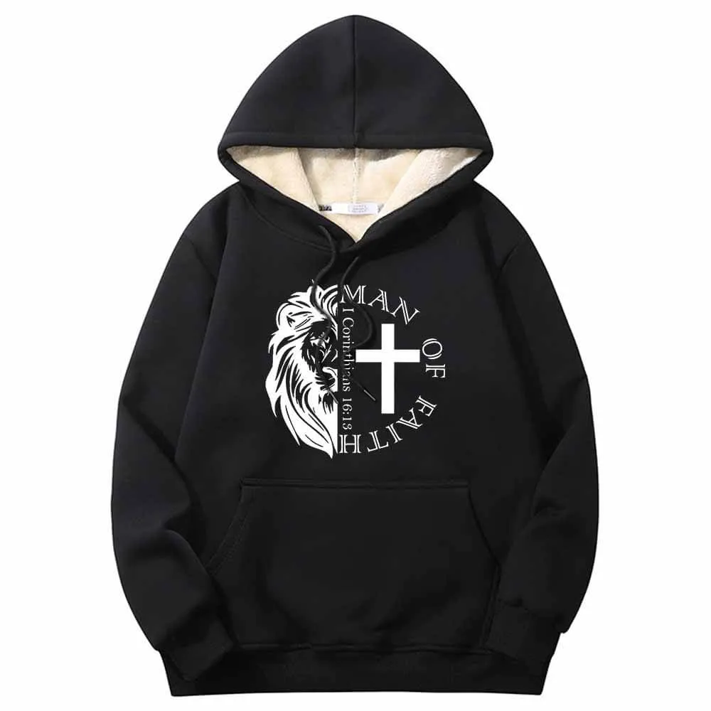 Man Of Faith Lion Cross Crew Collar Fleece Sherpa Hoodie sold by GTHIC