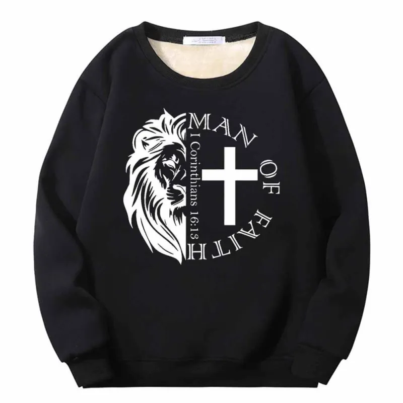 Man Of Faith Lion Cross Crew Collar Fleece Sherpa Sweatshirt sold by GTHIC