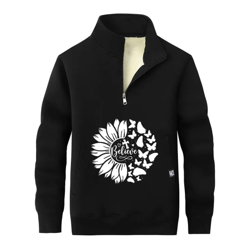 Flower Butterfly Believe Cross Stand Collar Zip Fleece Sweatshirt sold by GTHIC