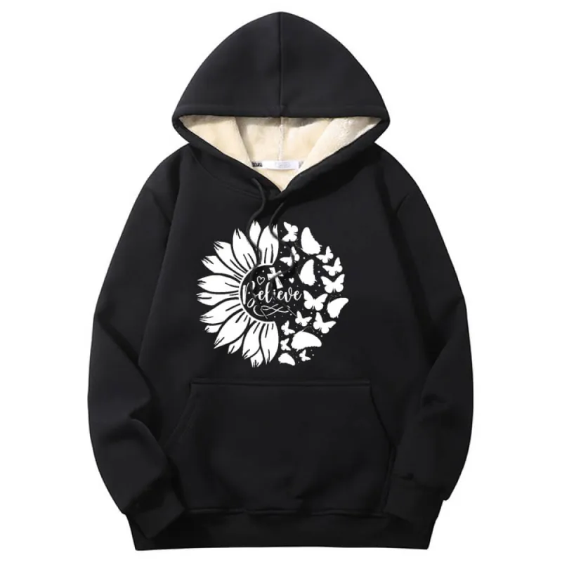 Flower Butterfly Believe Cross Crew Collar Fleece Sherpa Hoodie sold by GTHIC