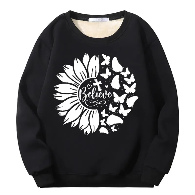 Flower Butterfly Believe Cross Crew Collar Fleece Sherpa Sweatshirt sold by GTHIC