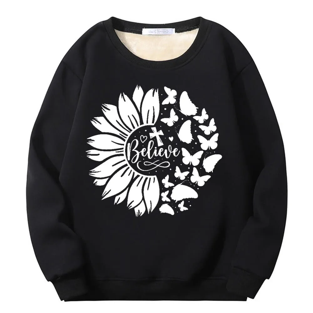 Flower Butterfly Believe Cross Crew Collar Fleece Sherpa Sweatshirt sold by GTHIC