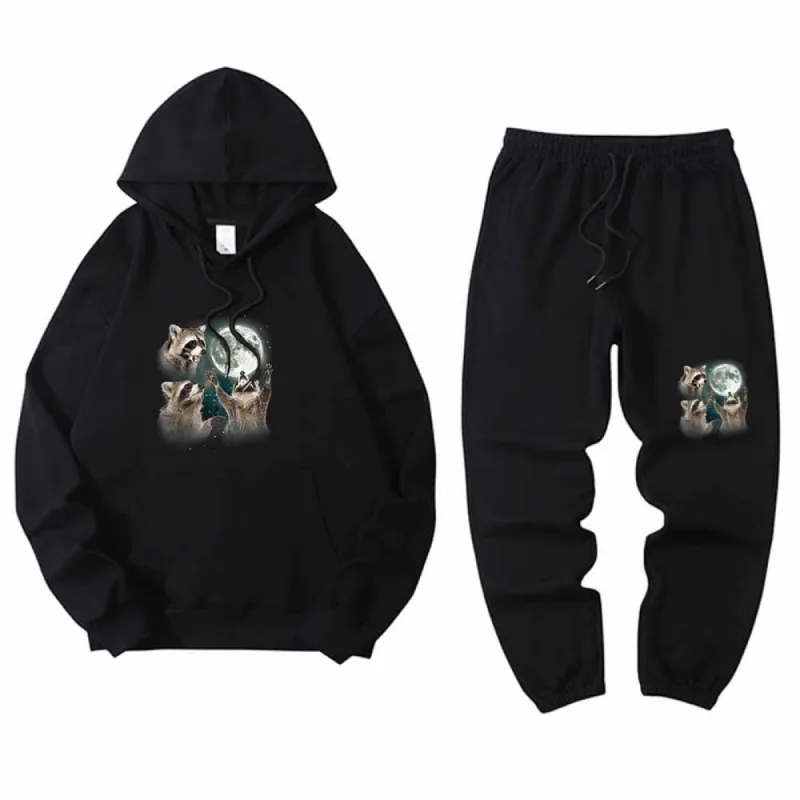 Raccoon Worshiping The Moon Hoodie Pants Set sold by GTHIC