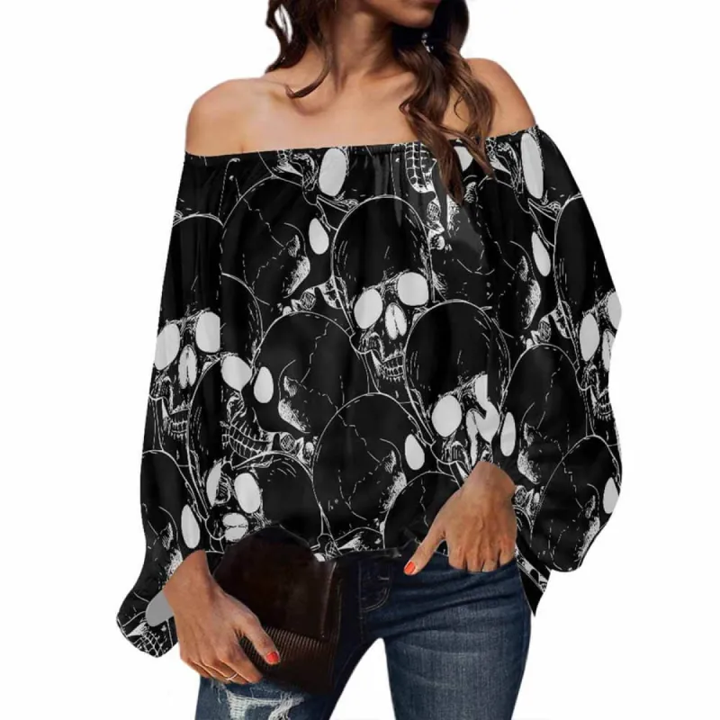 Black Skull Head Horror Pattern Off Shoulder Top sold by GTHIC