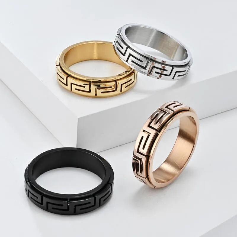 Minimalist Great Wall Pattern Stainless Steel Spinner Ring sold by GTHIC