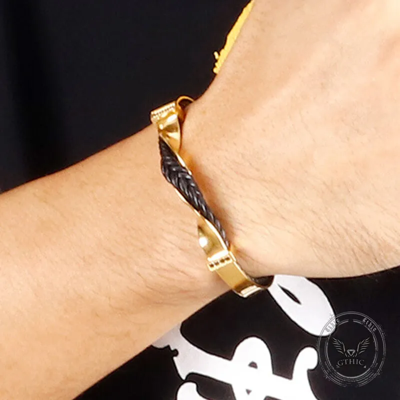 Twisted Diamond Stainless Steel and Leather Open Bracelet sold by GTHIC product image thumbnail 2