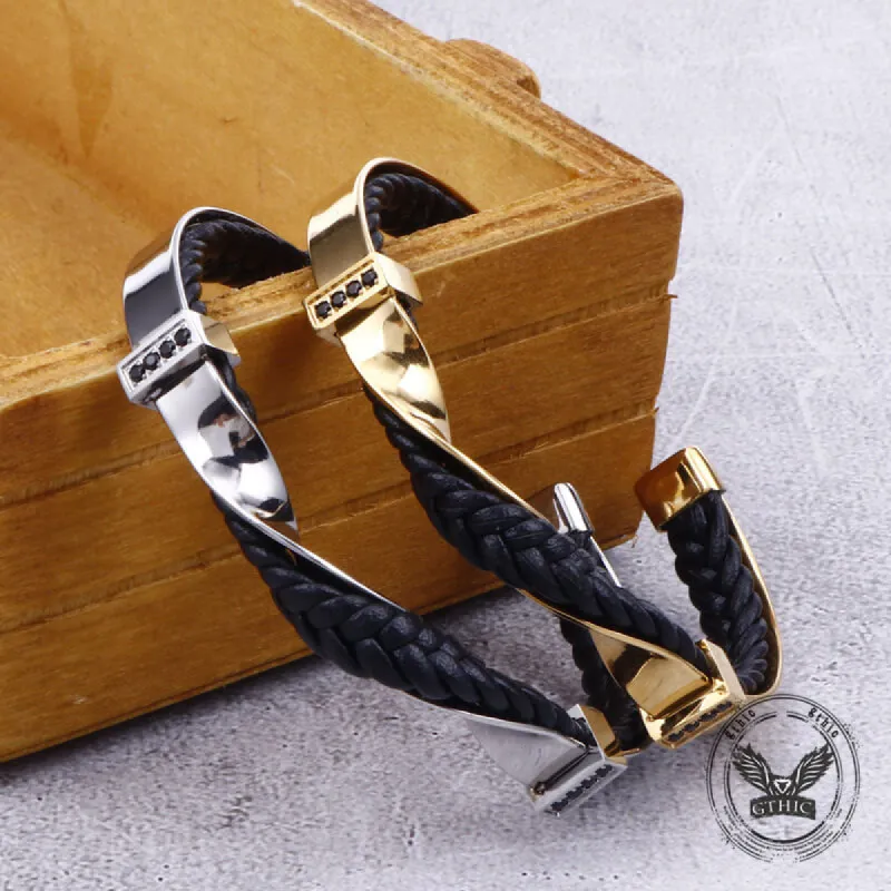 Twisted Diamond Stainless Steel and Leather Open Bracelet sold by GTHIC