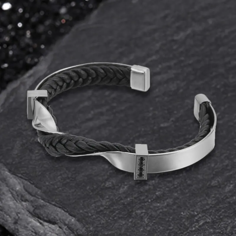 Twisted Diamond Stainless Steel and Leather Open Bracelet sold by GTHIC product image thumbnail 5
