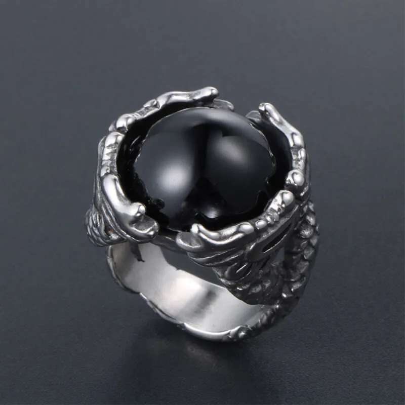 Vintage Double Dragon Playing with Gemstone Stainless Steel Ring sold by GTHIC