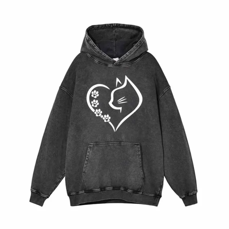 Cat In Heart Pattern Vintage Washed Hoodie sold by GTHIC