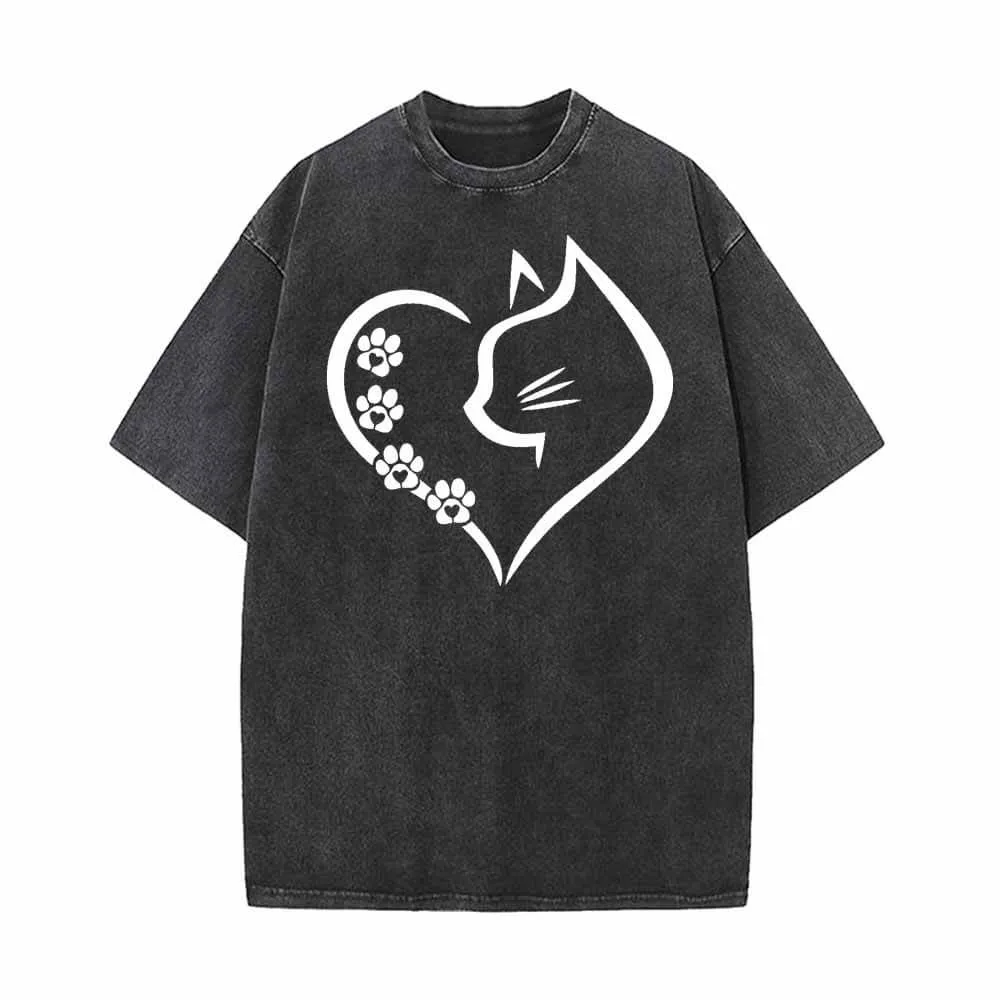 Cat In Heart Pattern Vintage Washed T-shirt sold by GTHIC