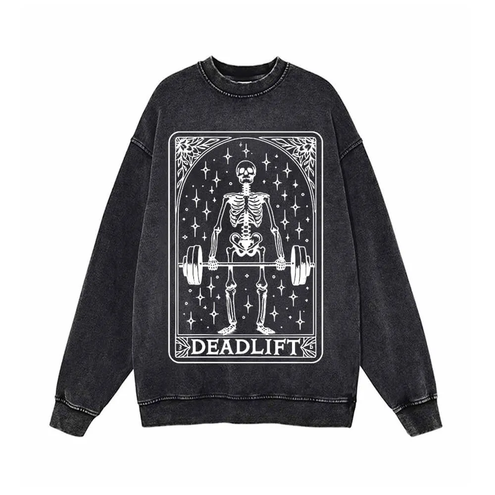 Deadlift Skeleton Barbell Tarot Vintage Washed Sweatshirt sold by GTHIC