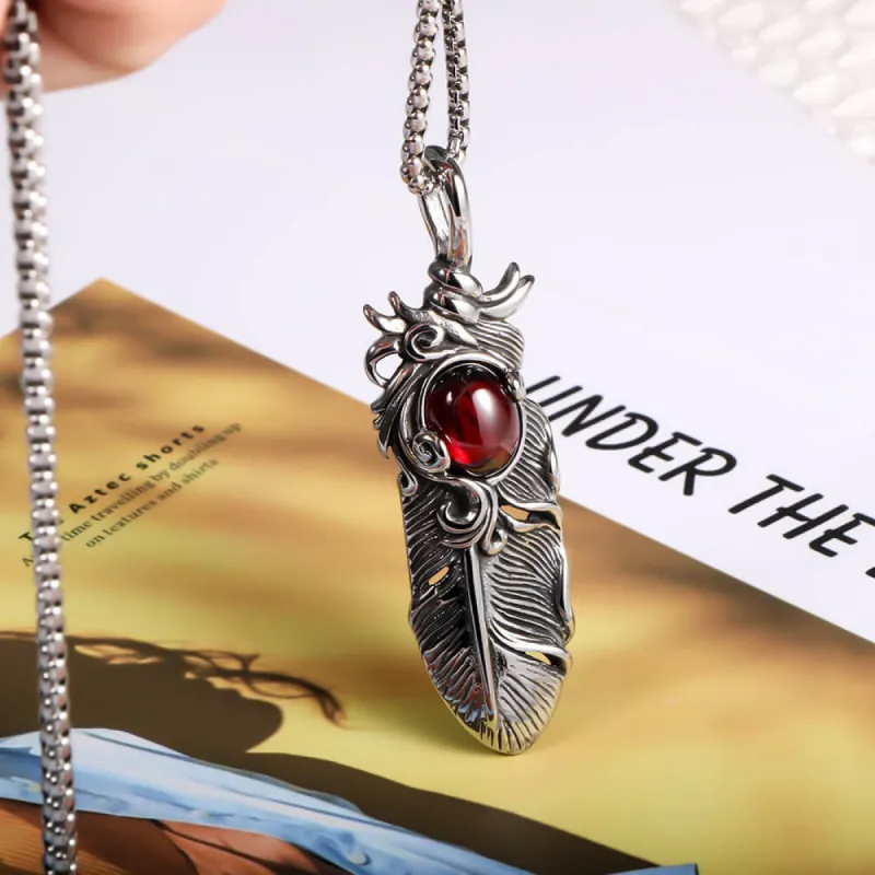 Creative Ruby Feather Stainless Steel Pendant Necklace sold by GTHIC