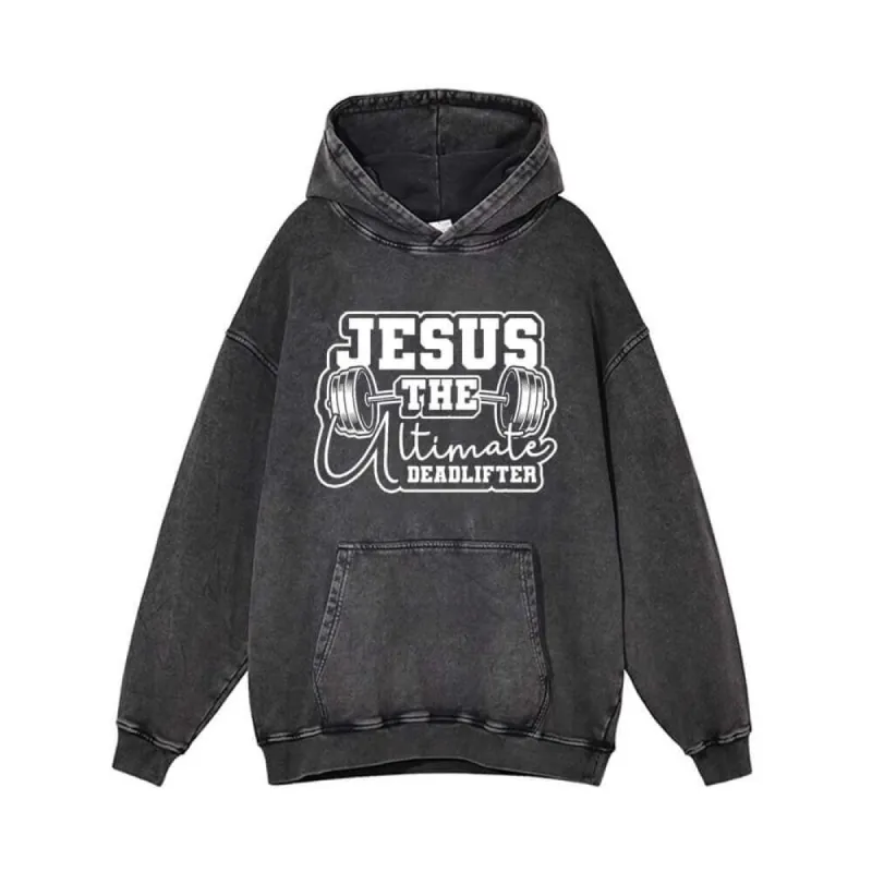 Jesus The Deadlifter Dumbbell Pattern Vintage Washed Hoodie sold by GTHIC