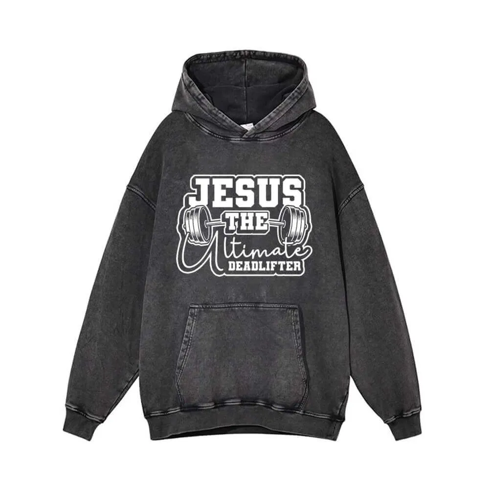 Jesus The Deadlifter Dumbbell Pattern Vintage Washed Hoodie sold by GTHIC