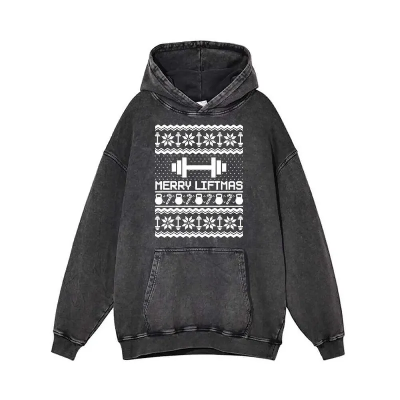 Merry Liftmas Dumbbell Pattern Vintage Washed Hoodie sold by GTHIC