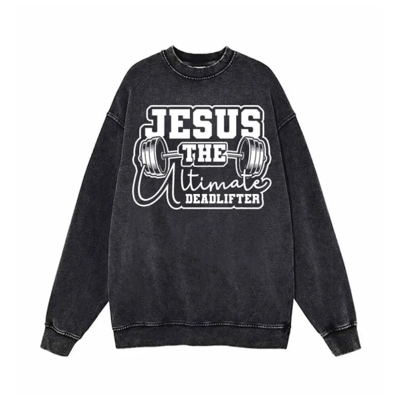 Jesus The Deadlifter Dumbbell Pattern Vintage Washed Sweatshirt sold by GTHIC