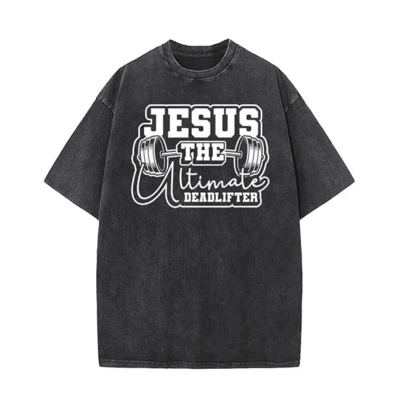 Jesus The Deadlifter Dumbbell Pattern Vintage Washed T-shirt sold by GTHIC