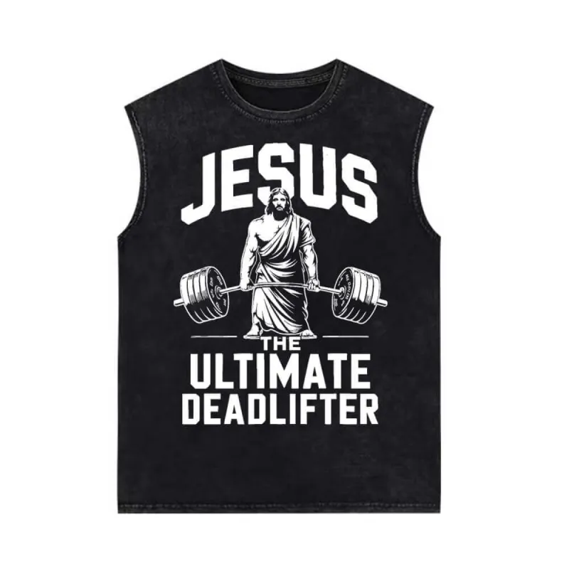 Jesus The Ultimate Deadlifter Vintage Washed Vest Top sold by GTHIC