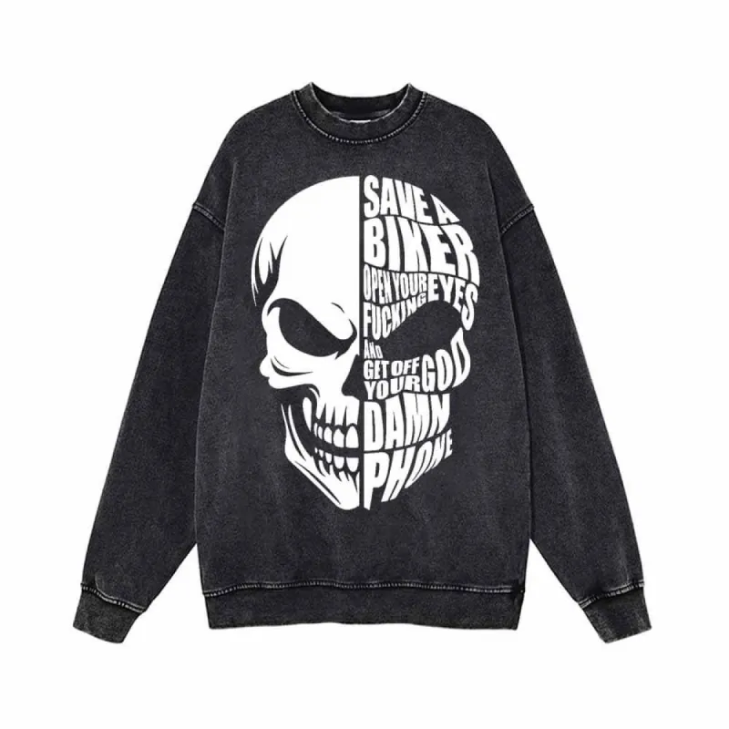 Save A Biker Letters Design Skull Head Print Sweatshirt sold by GTHIC