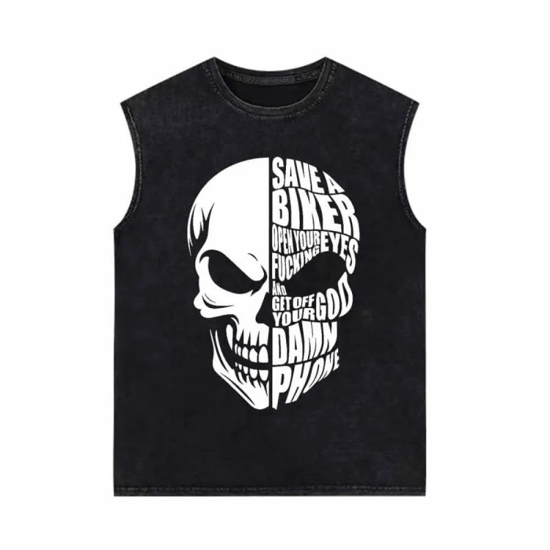 Save A Biker Letters Design Skull Head Print Vest Top sold by GTHIC