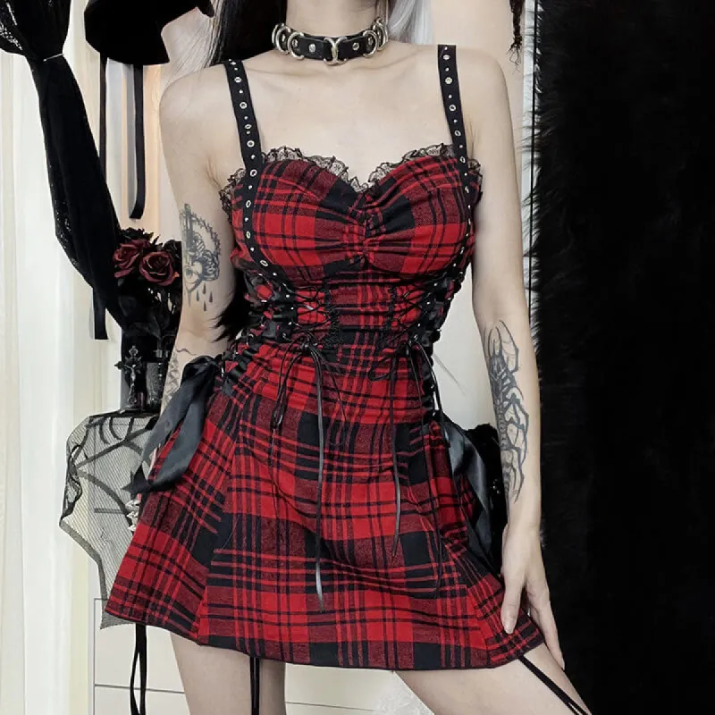 Red And Black Plaid Lace-Up Dress sold by GTHIC