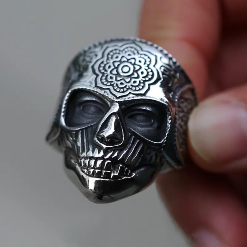 Mandala Flower Stainless Steel Skull Ring sold by GTHIC
