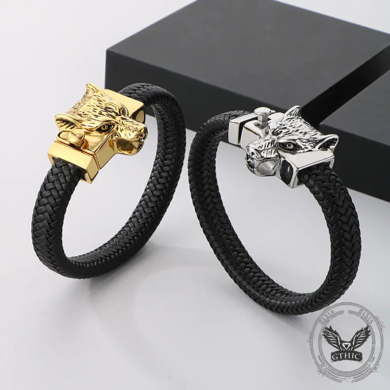 Vintage Wolf Head Stainless Steel Leather Bracelet sold by GTHIC