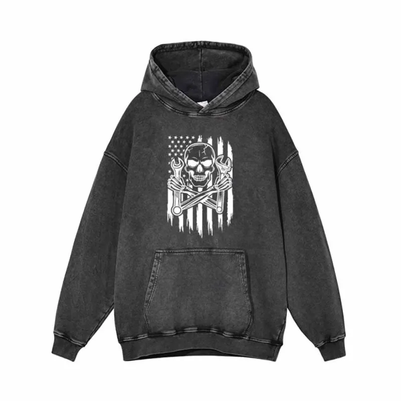 Skull Mechanic Wrenches US Flag Vintage Washed Hoodie sold by GTHIC