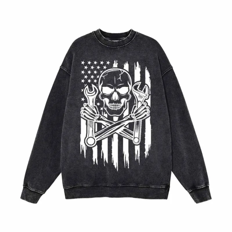 Skull Mechanic Wrenches US Flag Vintage Washed Sweatshirt sold by GTHIC