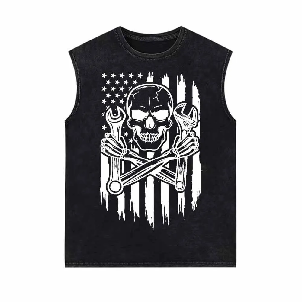 Skull Mechanic Wrenches US Flag Vintage Washed Vest Top sold by GTHIC