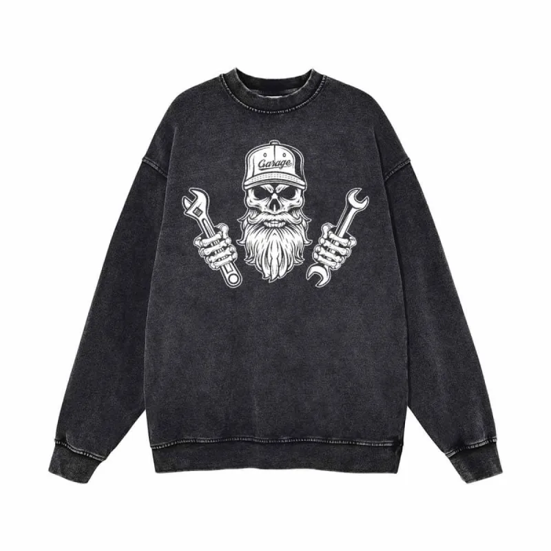 Skull Mechanic Holding Wrenches Vintage Washed Sweatshirt sold by GTHIC