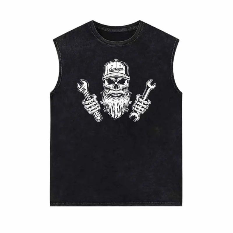 Skull Mechanic Holding Wrenches Vintage Washed Vest Top sold by GTHIC