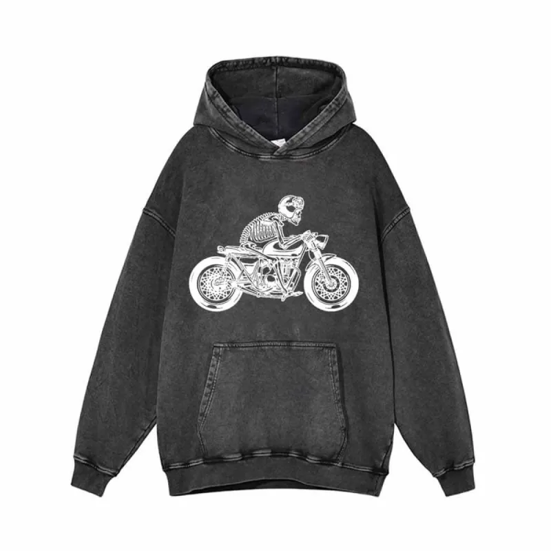Skeleton Riding Motorcycle Print Vintage Washed Hoodie sold by GTHIC