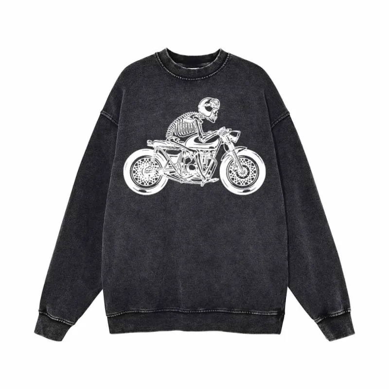 Skeleton Riding Motorcycle Print Vintage Washed Sweatshirt sold by GTHIC