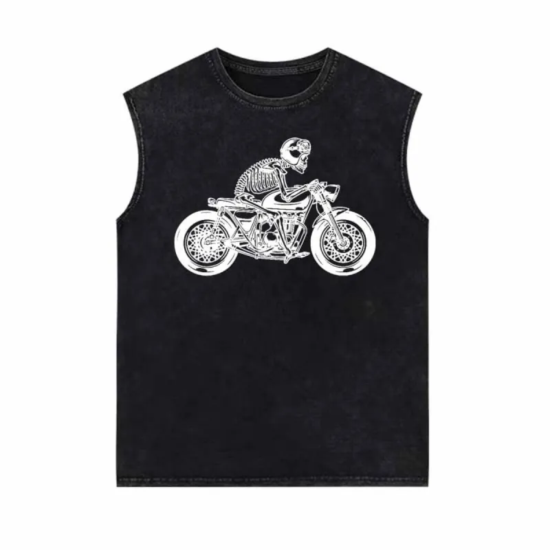 Skeleton Riding Motorcycle Print Vintage Washed Vest Top sold by GTHIC