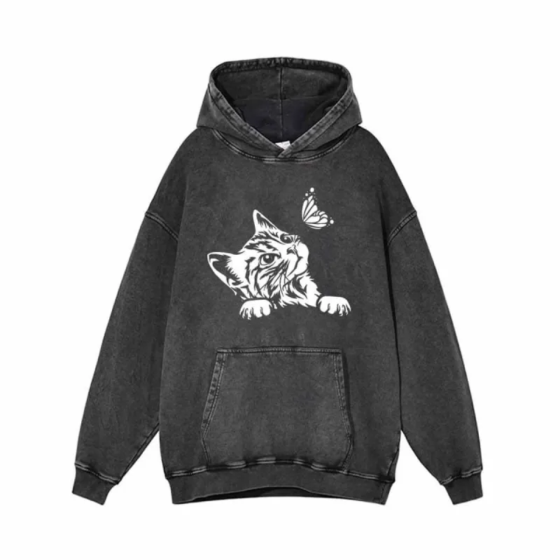 Cute Cat Curious Kitten With Butterfly Vintage Washed Hoodie sold by GTHIC