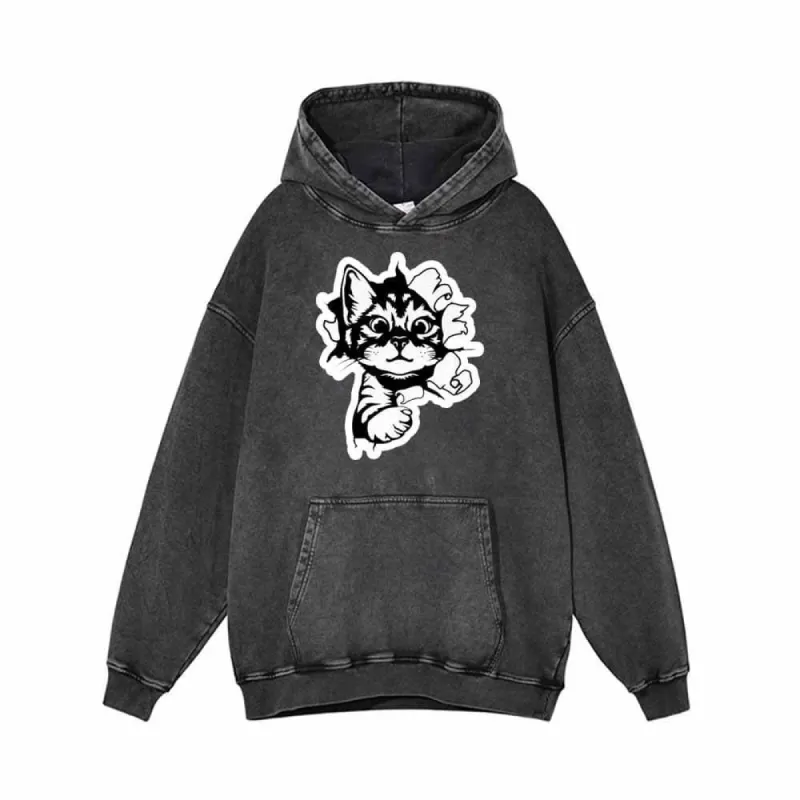 Running Lively Cat On The Wall Vintage Washed Hoodie sold by GTHIC