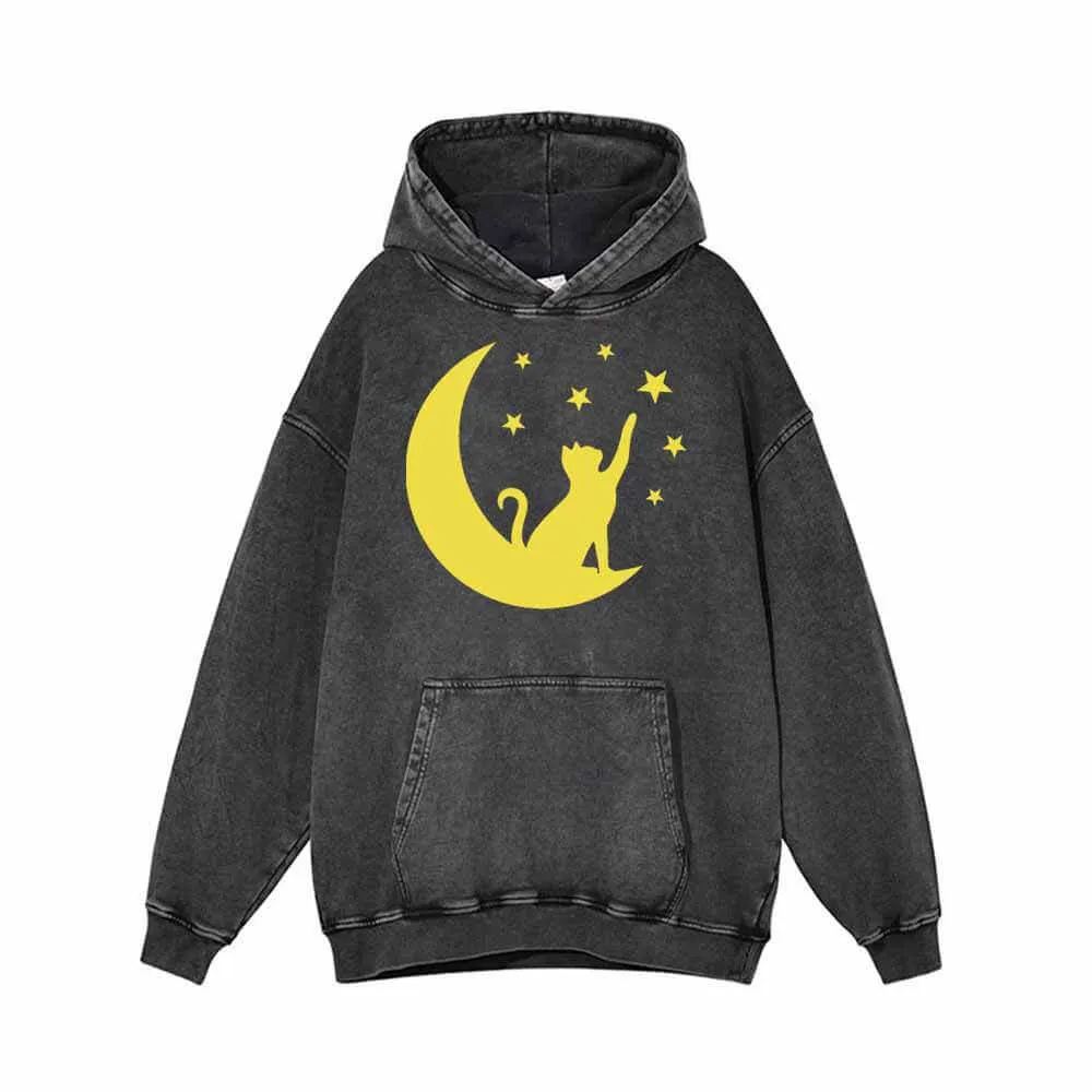 Lively Cat and Moon Star Vintage Washed Hoodie sold by GTHIC
