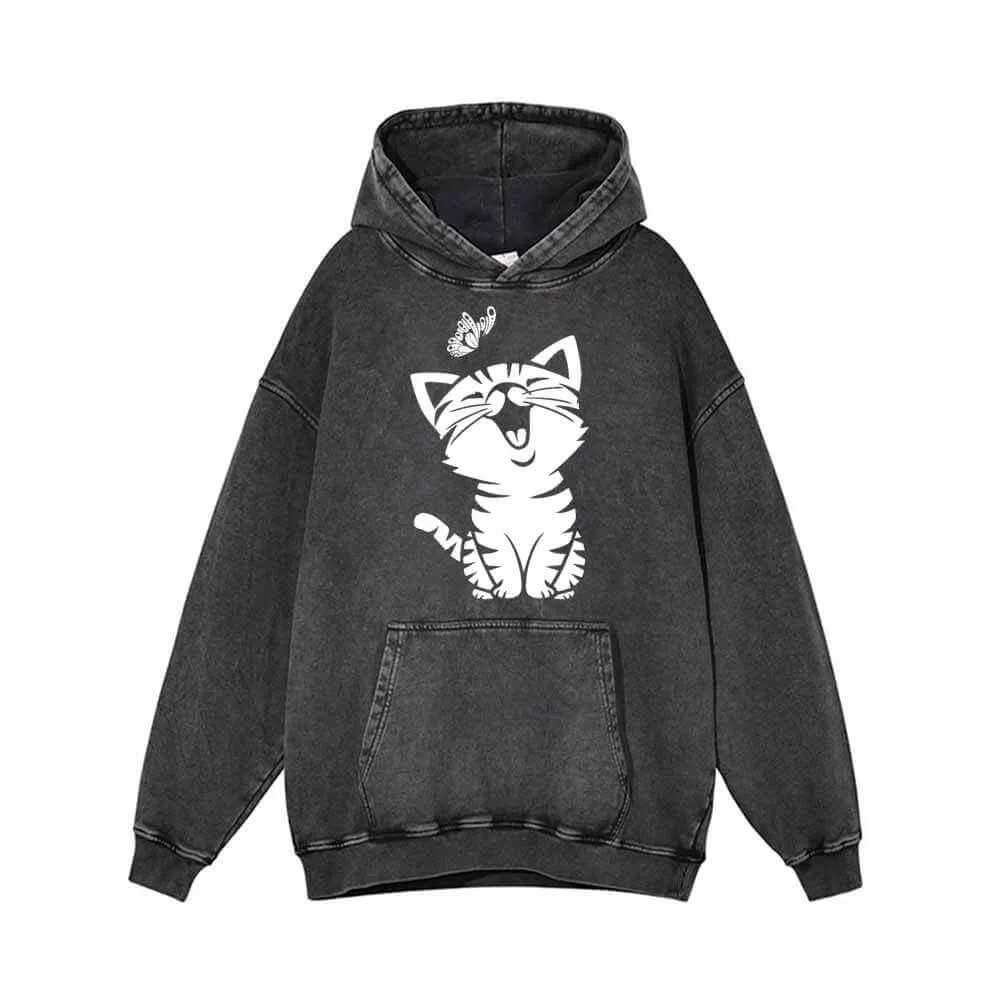 Cute Cat Kitten Playing with Butterfly Vintage Washed Hoodie sold by GTHIC