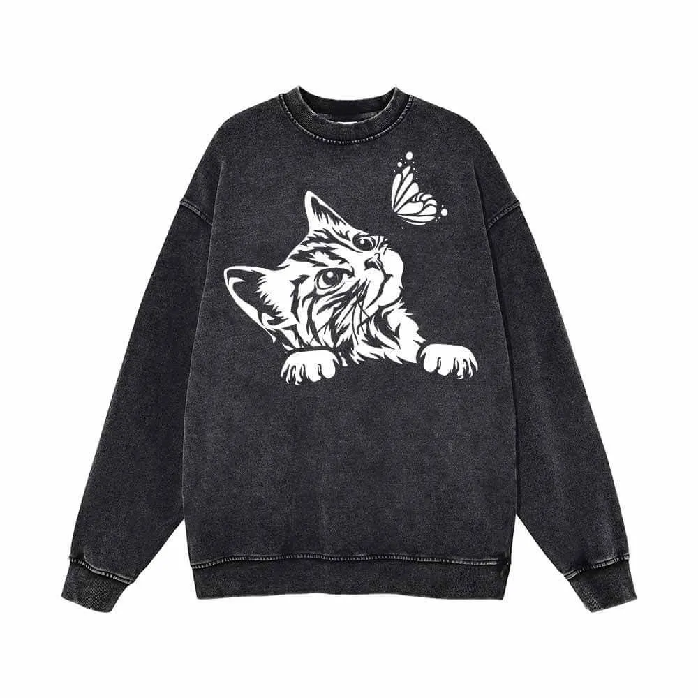 Cute Cat Curious Kitten With Butterfly Vintage Washed Sweatshirt sold by GTHIC