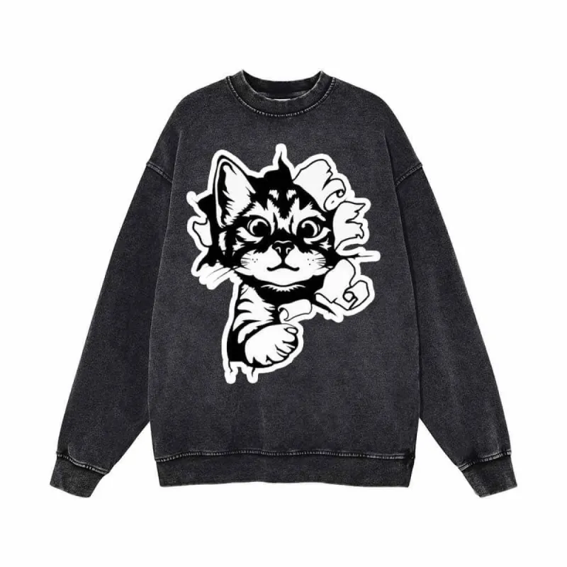 Running Lively Cat On The Wall Vintage Washed Sweatshirt sold by GTHIC
