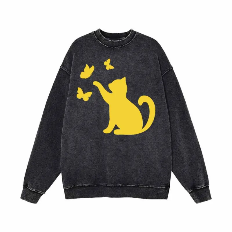 Cat With Butterfly Kitten Playing Vintage Washed Sweatshirt sold by GTHIC