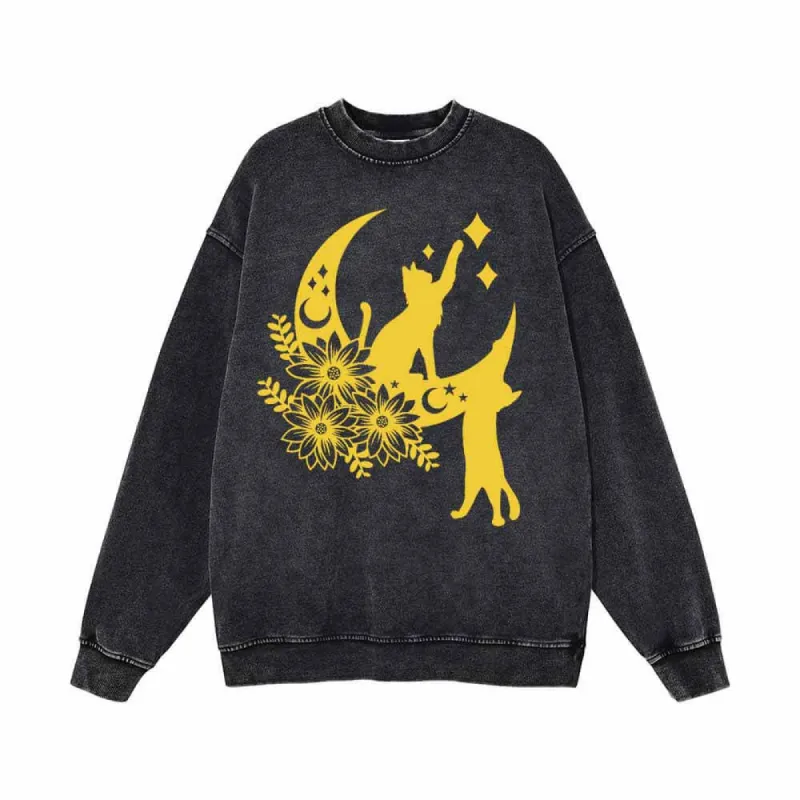 Floral Cats with Moon Star Vintage Washed Sweatshirt sold by GTHIC