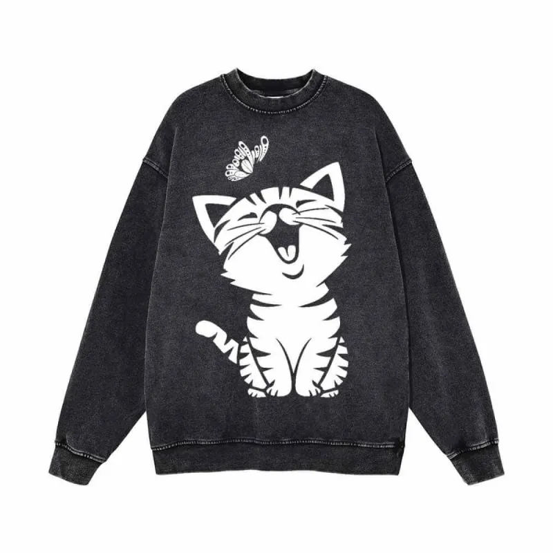 Cute Cat Kitten Playing with Butterfly Vintage Washed Sweatshirt sold by GTHIC