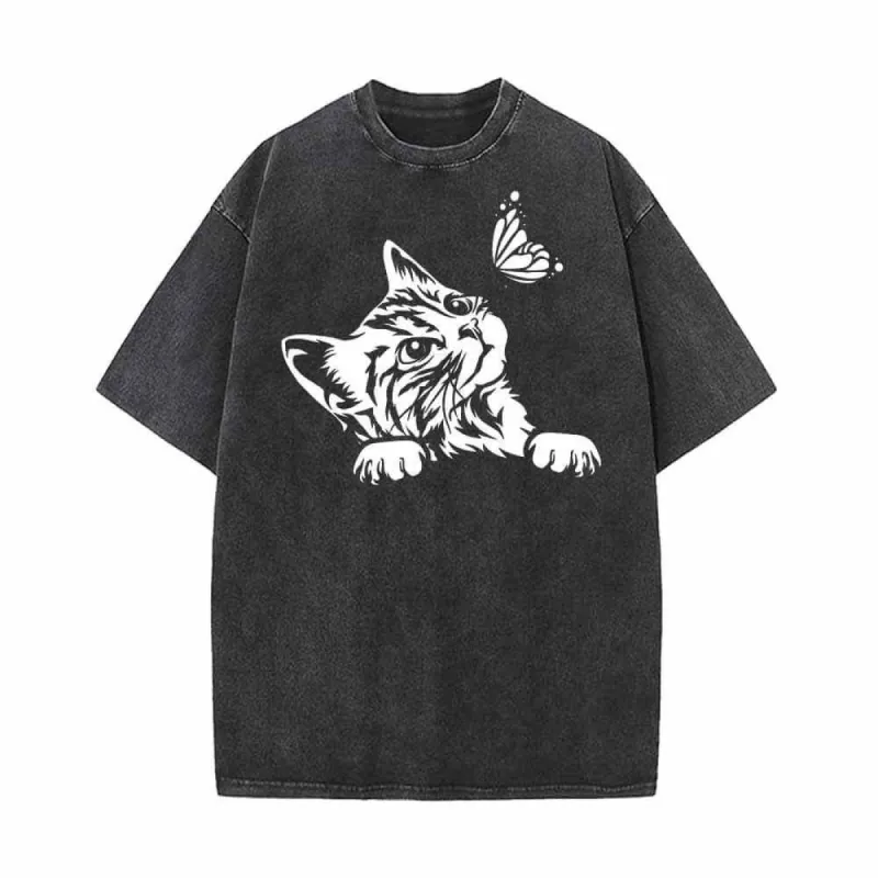 Cute Cat Curious Kitten With Butterfly Vintage Washed T-shirt sold by GTHIC