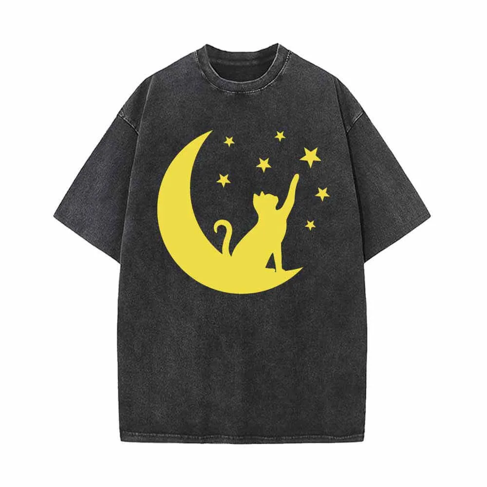 Lively Cat and Moon Star Vintage Washed T-shirt sold by GTHIC