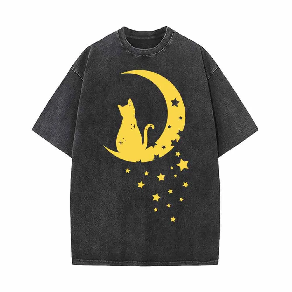 Magical Cat with Moon Star Vintage Washed T-shirt sold by GTHIC